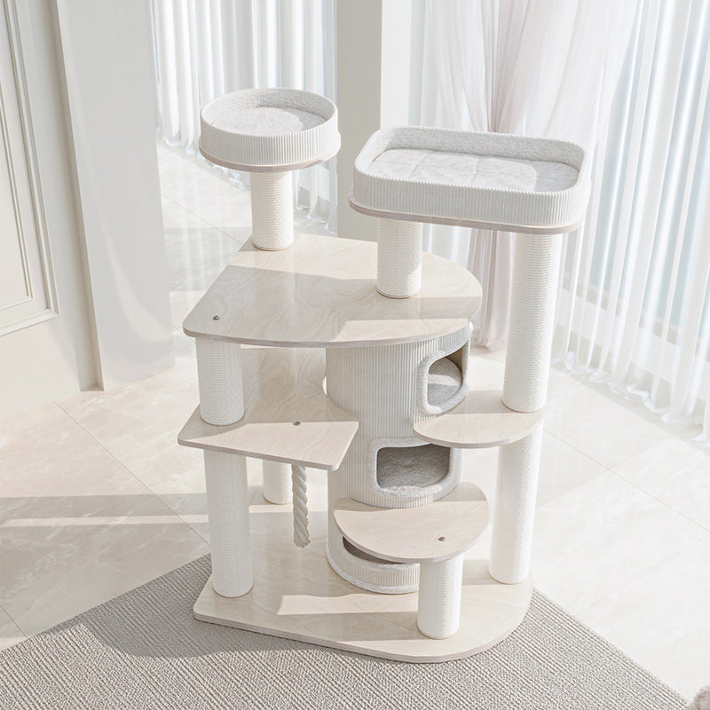 Contemporary Scandinavian Round Plywood Particleboard Paper Rope Velvet Fabric Cat Tree & Condo 3-Condo 5-Perch For Bedroom Cuvalon
