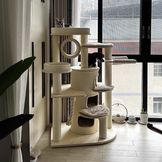 Contemporary Scandinavian Round Plywood Particleboard Paper Rope Velvet Fabric Cat Tree & Condo 3-Condo 5-Perch For Bedroom Cuvalon