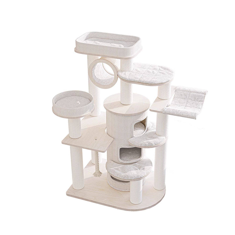 Contemporary Scandinavian Round Plywood Particleboard Paper Rope Velvet Fabric Cat Tree & Condo 3-Condo 5-Perch For Bedroom Cuvalon