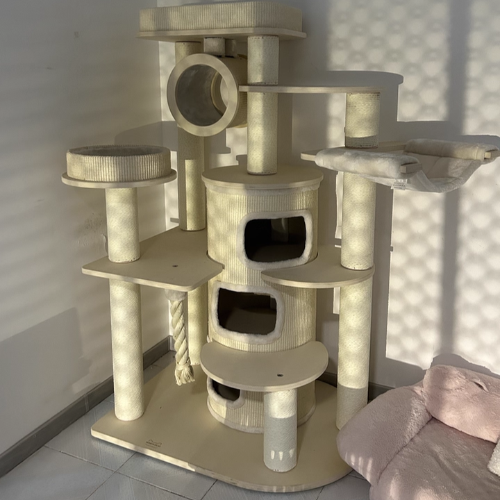 Contemporary Scandinavian Round Plywood Particleboard Paper Rope Velvet Fabric Cat Tree & Condo 3-Condo 5-Perch For Bedroom Cuvalon