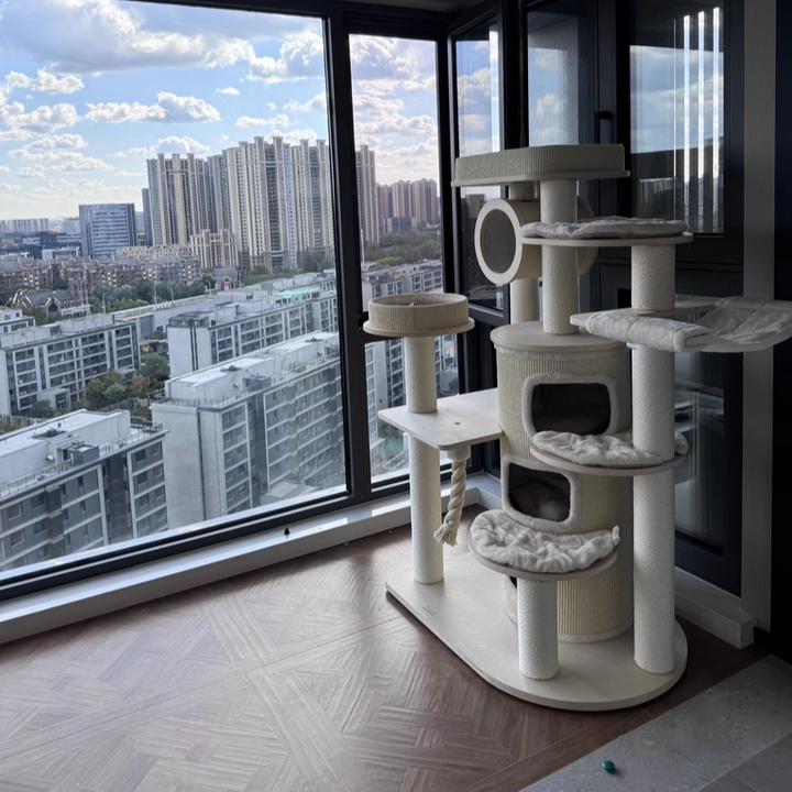 Contemporary Scandinavian Round Plywood Particleboard Paper Rope Velvet Fabric Cat Tree & Condo 3-Condo 5-Perch For Bedroom Cuvalon