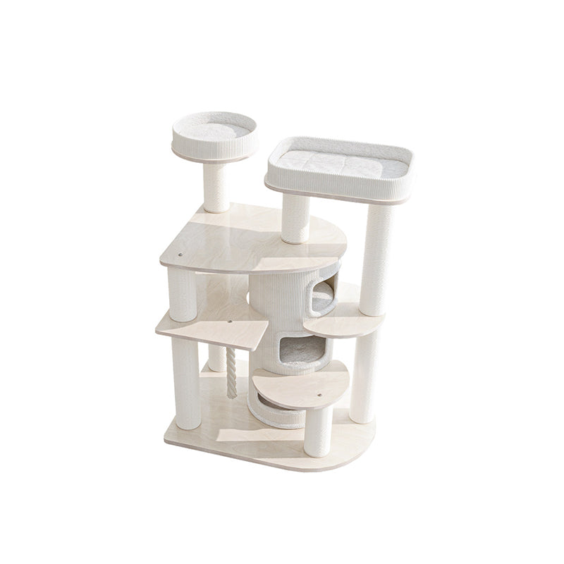 Contemporary Scandinavian Round Plywood Particleboard Paper Rope Velvet Fabric Cat Tree & Condo 3-Condo 5-Perch For Bedroom Cuvalon