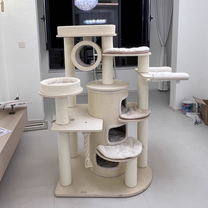 Contemporary Scandinavian Round Plywood Particleboard Paper Rope Velvet Fabric Cat Tree & Condo 3-Condo 5-Perch For Bedroom Cuvalon