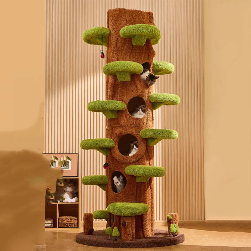 Contemporary Creative Round Particleboard Medium-Density Fiberboard Velvet Fabric Sisal Tree-Shape Cat Tree 6-Condo 12-Perch For Living Room Cuvalon