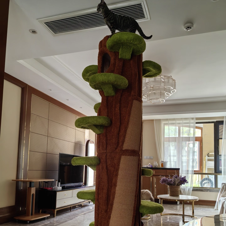 Contemporary Creative Round Particleboard Medium-Density Fiberboard Velvet Fabric Sisal Tree-Shape Cat Tree 6-Condo 12-Perch For Living Room Cuvalon