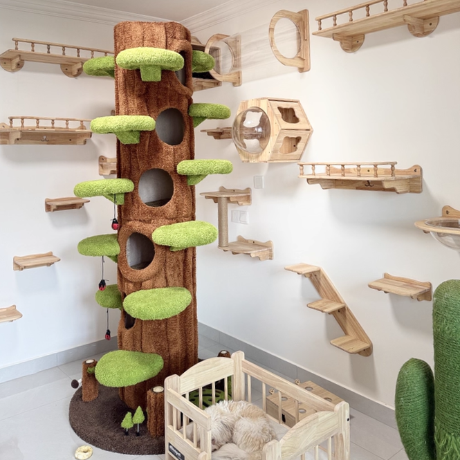 Contemporary Creative Round Particleboard Medium-Density Fiberboard Velvet Fabric Sisal Tree-Shape Cat Tree 6-Condo 12-Perch For Living Room Cuvalon