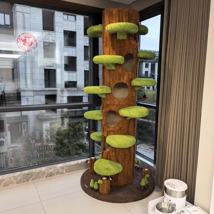 Contemporary Creative Round Particleboard Medium-Density Fiberboard Velvet Fabric Sisal Tree-Shape Cat Tree 6-Condo 12-Perch For Living Room Cuvalon