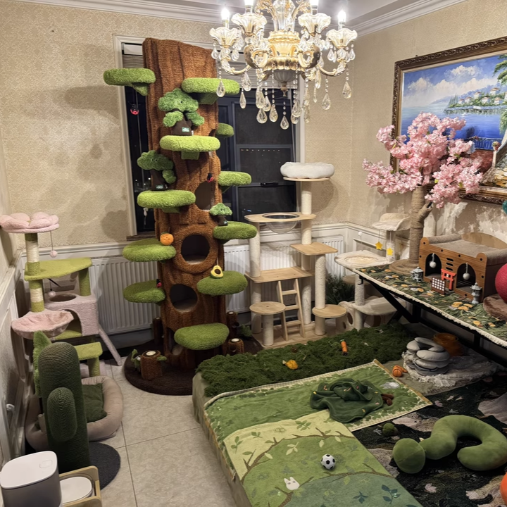 Contemporary Creative Round Particleboard Medium-Density Fiberboard Velvet Fabric Sisal Tree-Shape Cat Tree 6-Condo 12-Perch For Living Room Cuvalon