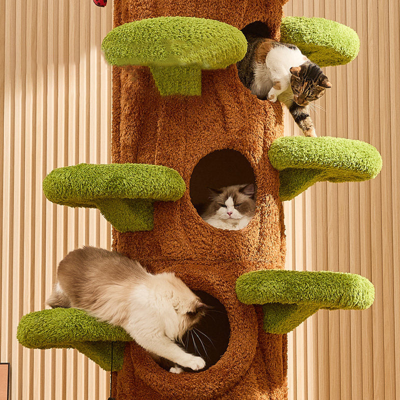 Contemporary Creative Round Particleboard Medium-Density Fiberboard Velvet Fabric Sisal Tree-Shape Cat Tree 6-Condo 12-Perch For Living Room Cuvalon