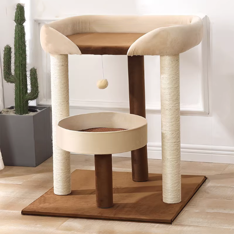 Contemporary Scandinavian Rectangular Particleboard Kraft Paper Tube Velvet Fabric Sisal Cat Tree 1-Condo 2/3-Perch For Bedroom Cuvalon