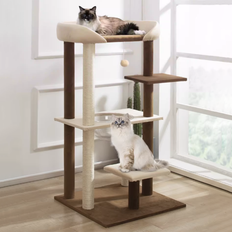 Contemporary Scandinavian Rectangular Particleboard Kraft Paper Tube Velvet Fabric Sisal Cat Tree 1-Condo 2/3-Perch For Bedroom Cuvalon