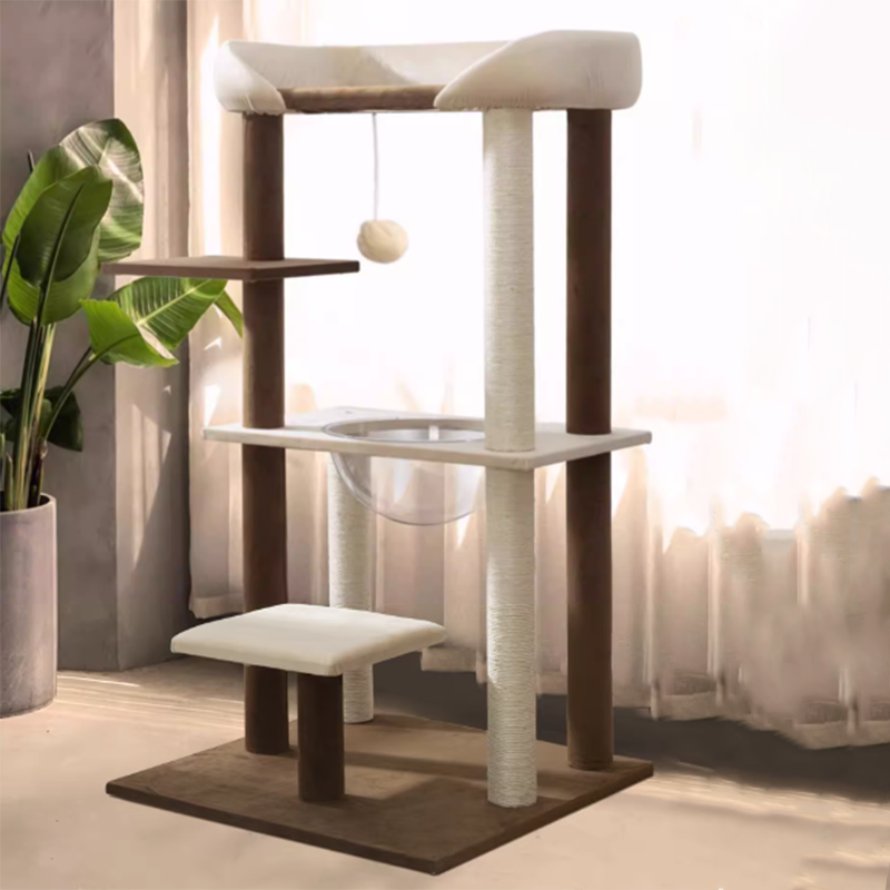 Contemporary Scandinavian Rectangular Particleboard Kraft Paper Tube Velvet Fabric Sisal Cat Tree 1-Condo 2/3-Perch For Bedroom Cuvalon