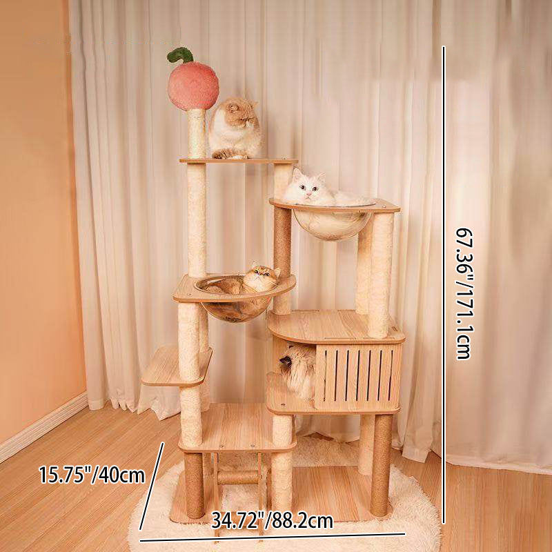 Contemporary Scandinavian Rectangular Medium-Density Fiberboard Velvet Fabric Hemp Rope Acrylic Cat Tree 3-Condo 4-Perch For Bedroom Cuvalon