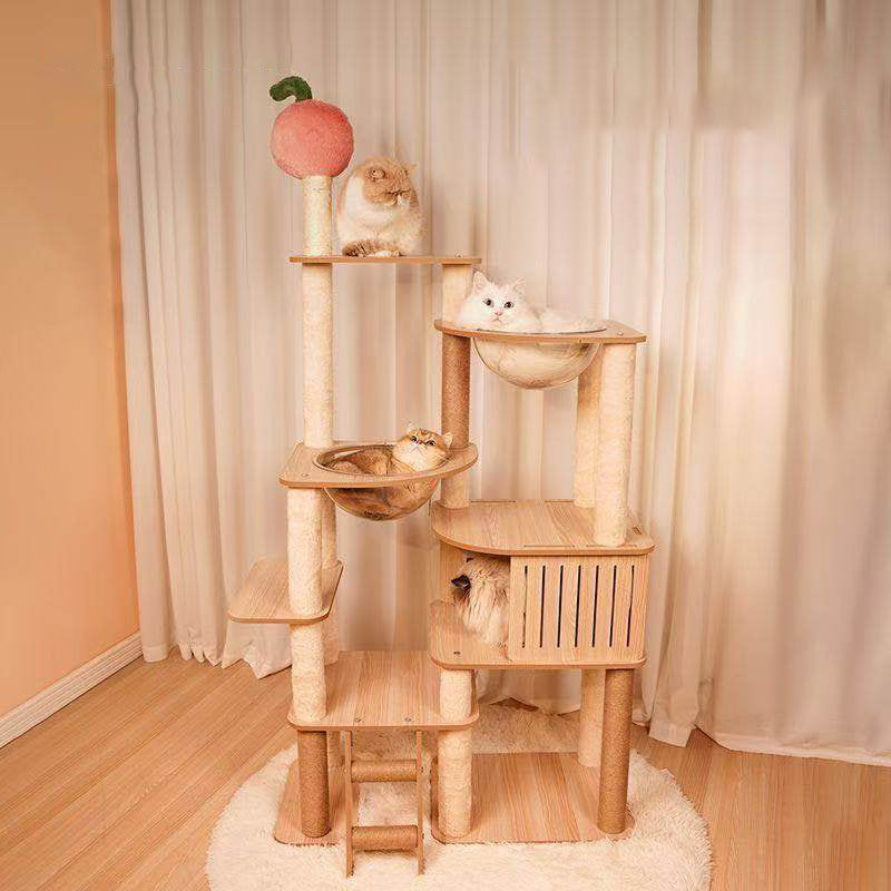 Contemporary Scandinavian Rectangular Medium-Density Fiberboard Velvet Fabric Hemp Rope Acrylic Cat Tree 3-Condo 4-Perch For Bedroom Cuvalon