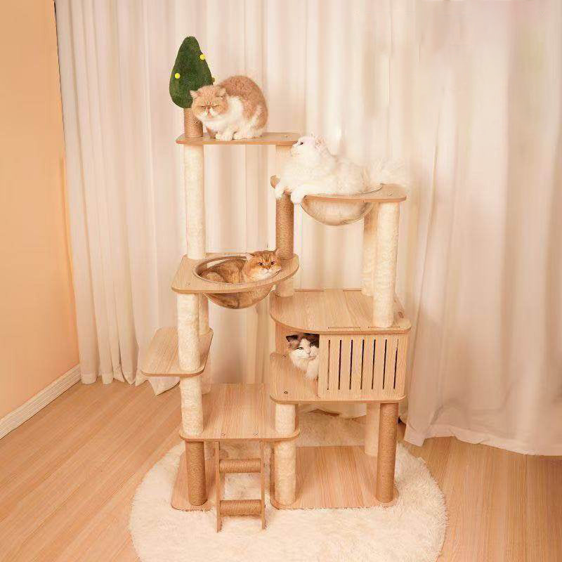 Contemporary Scandinavian Rectangular Medium-Density Fiberboard Velvet Fabric Hemp Rope Acrylic Cat Tree 3-Condo 4-Perch For Bedroom Cuvalon