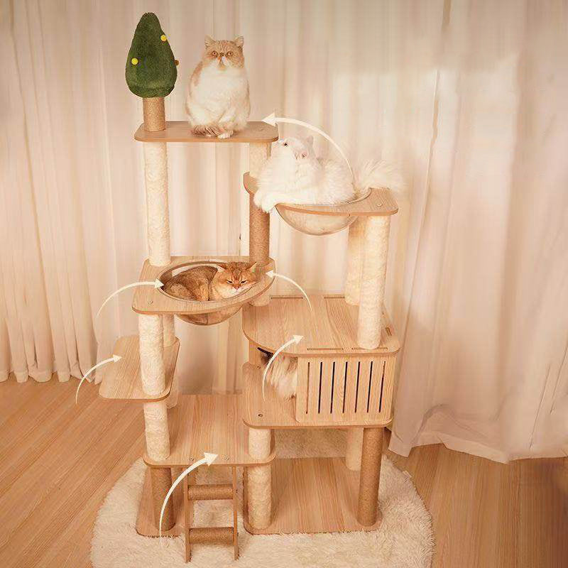 Contemporary Scandinavian Rectangular Medium-Density Fiberboard Velvet Fabric Hemp Rope Acrylic Cat Tree 3-Condo 4-Perch For Bedroom Cuvalon