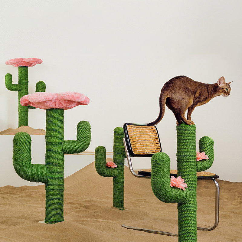 Contemporary Creative Round PVC Plastic Velvet Fabric Hemp Rope Cactus Cat Scratching Post 1-Condo 1-Perch For Bedroom Cuvalon