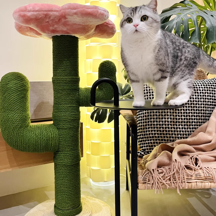 Contemporary Creative Round PVC Plastic Velvet Fabric Hemp Rope Cactus Cat Scratching Post 1-Condo 1-Perch For Bedroom Cuvalon