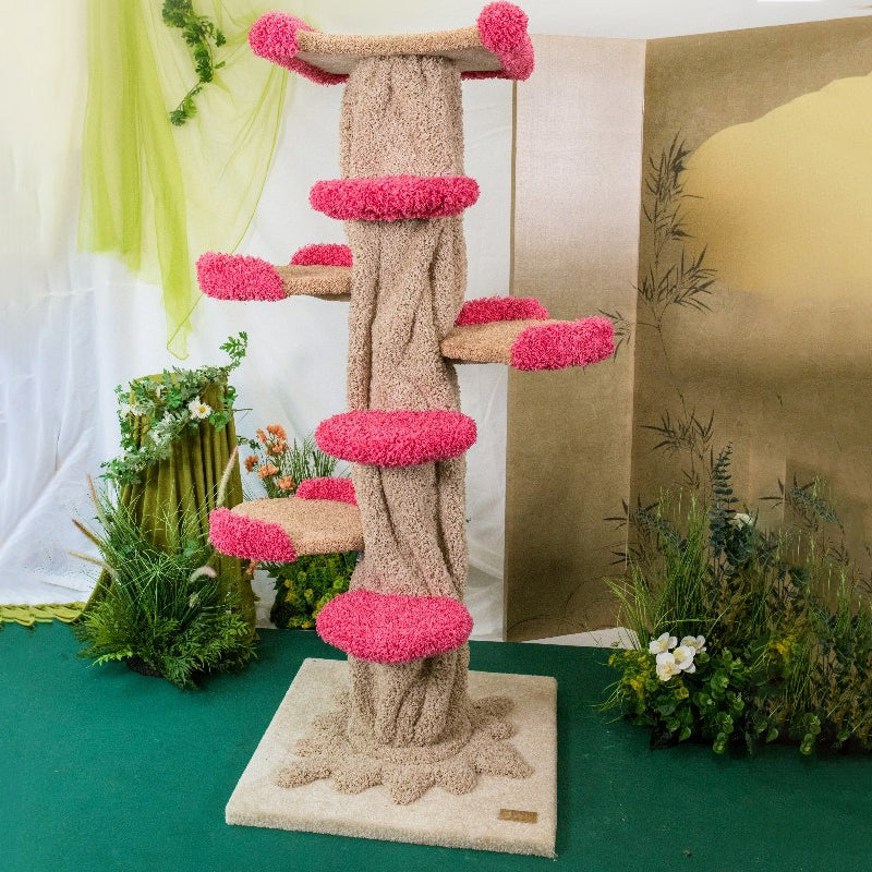 Contemporary Creative Round Eucalyptus Wood Panel Velvet Fabric Tree-Shaped Cat Tree 2/7-Perch For Bedroom Cuvalon