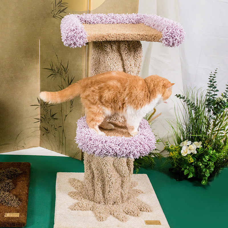 Contemporary Creative Round Eucalyptus Wood Panel Velvet Fabric Tree-Shaped Cat Tree 2/7-Perch For Bedroom Cuvalon