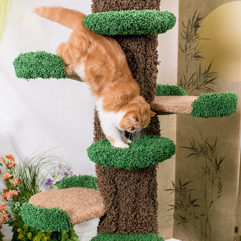 Contemporary Creative Round Eucalyptus Wood Panel Velvet Fabric Tree-Shaped Cat Tree 2/7-Perch For Bedroom Cuvalon