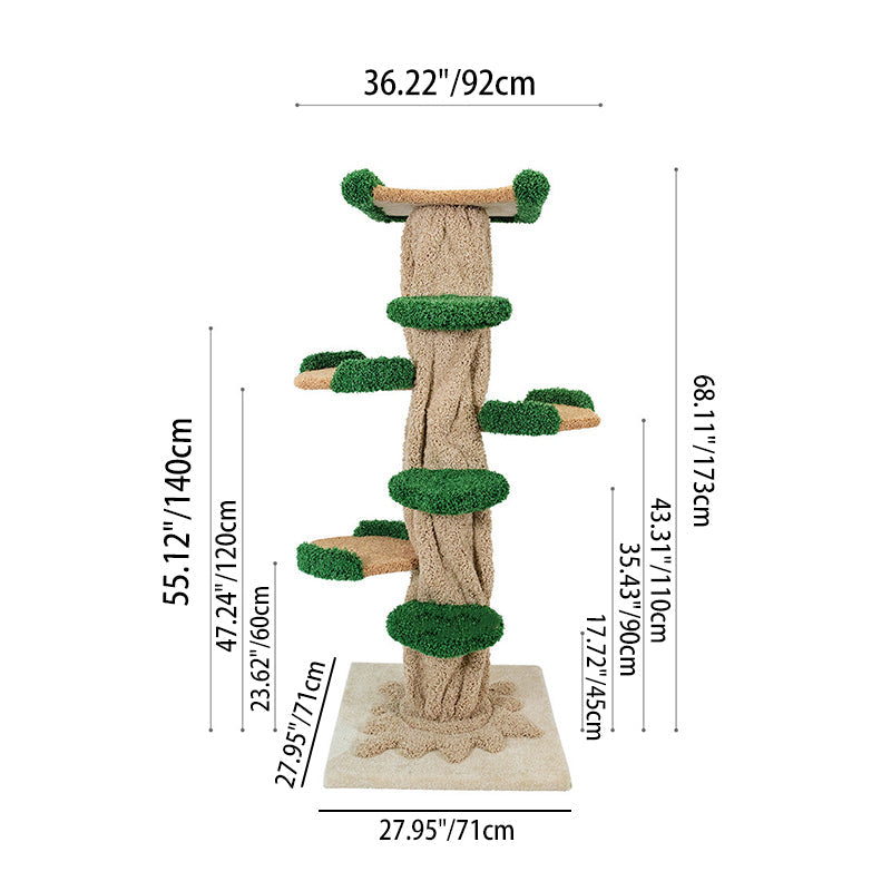 Contemporary Creative Round Eucalyptus Wood Panel Velvet Fabric Tree-Shaped Cat Tree 2/7-Perch For Bedroom Cuvalon