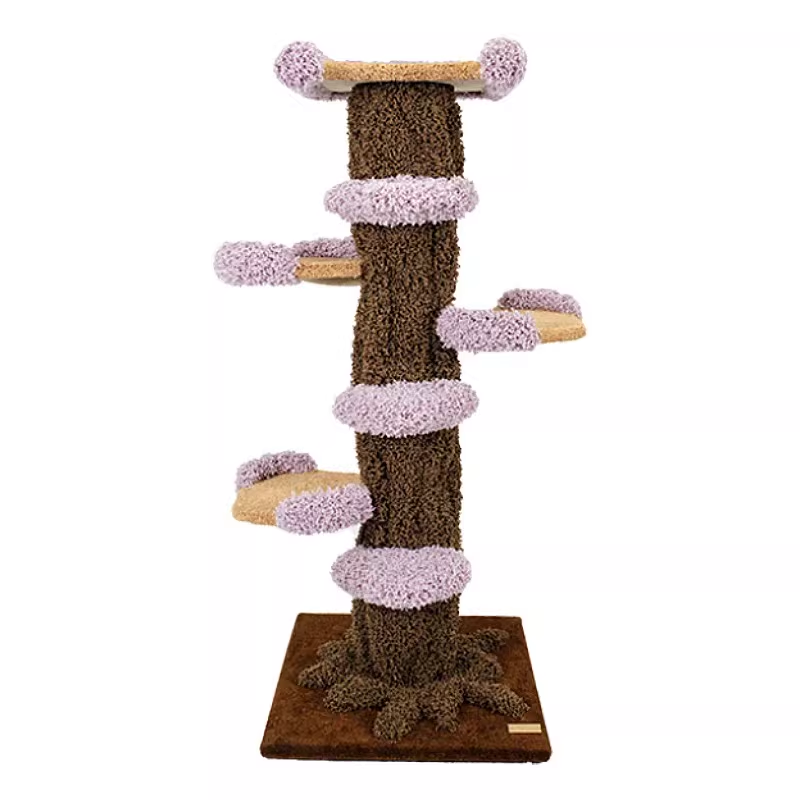 Contemporary Creative Round Eucalyptus Wood Panel Velvet Fabric Tree-Shaped Cat Tree 2/7-Perch For Bedroom Cuvalon