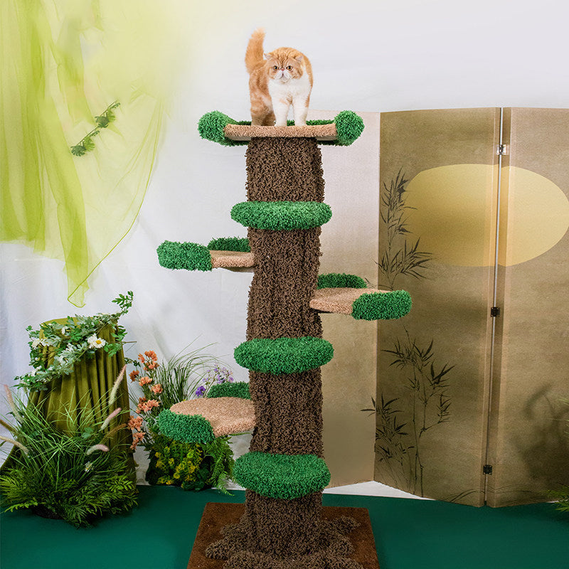 Contemporary Creative Round Eucalyptus Wood Panel Velvet Fabric Tree-Shaped Cat Tree 2/7-Perch For Bedroom Cuvalon