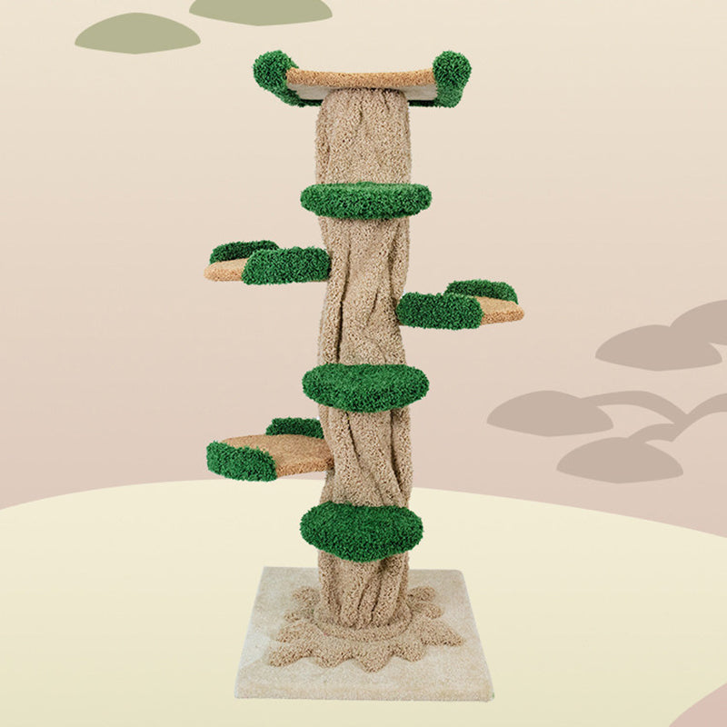 Contemporary Creative Round Eucalyptus Wood Panel Velvet Fabric Tree-Shaped Cat Tree 2/7-Perch For Bedroom Cuvalon