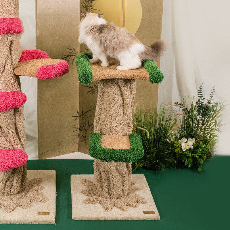 Contemporary Creative Round Eucalyptus Wood Panel Velvet Fabric Tree-Shaped Cat Tree 2/7-Perch For Bedroom Cuvalon