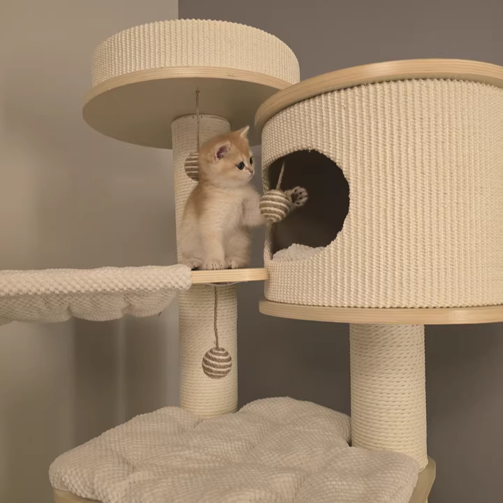Contemporary Scandinavian Round Plywood Medium-Density Fiberboard Corduroy Paper Rope Cat Tree 2/3-Condo 2/3-Perch For Bedroom Cuvalon