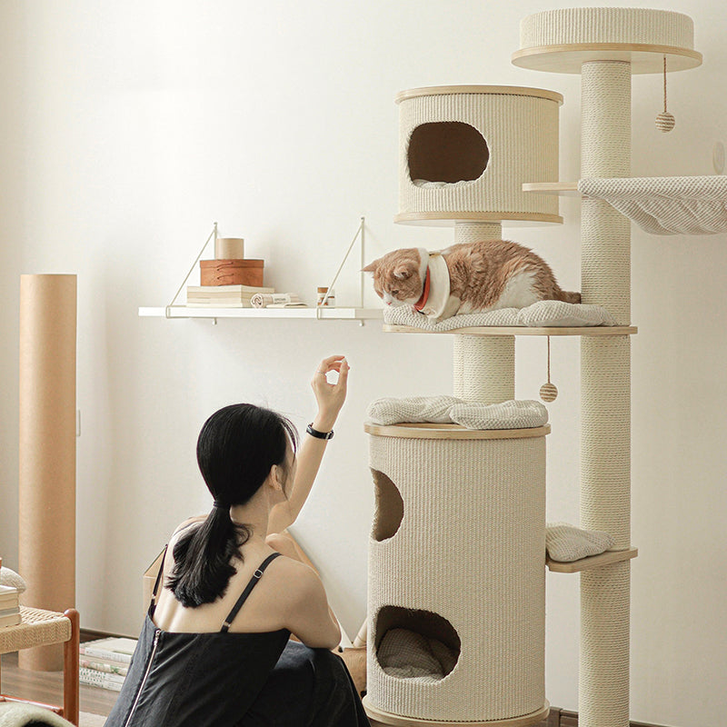 Contemporary Scandinavian Round Plywood Medium-Density Fiberboard Corduroy Paper Rope Cat Tree 2/3-Condo 2/3-Perch For Bedroom Cuvalon