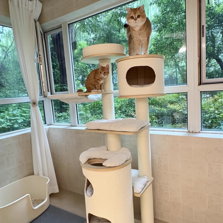Contemporary Scandinavian Round Plywood Medium-Density Fiberboard Corduroy Paper Rope Cat Tree 2/3-Condo 2/3-Perch For Bedroom Cuvalon