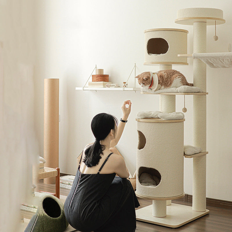 Contemporary Scandinavian Round Plywood Medium-Density Fiberboard Corduroy Paper Rope Cat Tree 2/3-Condo 2/3-Perch For Bedroom Cuvalon