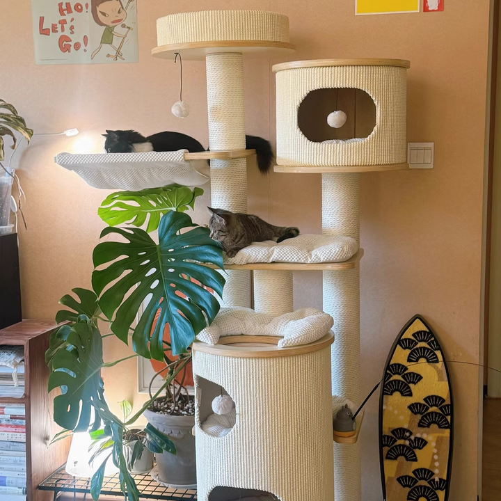 Contemporary Scandinavian Round Plywood Medium-Density Fiberboard Corduroy Paper Rope Cat Tree 2/3-Condo 2/3-Perch For Bedroom Cuvalon