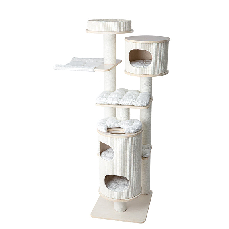 Contemporary Scandinavian Round Plywood Medium-Density Fiberboard Corduroy Paper Rope Cat Tree 2/3-Condo 2/3-Perch For Bedroom Cuvalon