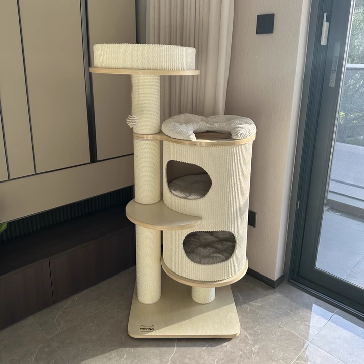 Contemporary Scandinavian Round Plywood Medium-Density Fiberboard Corduroy Paper Rope Cat Tree 2/3-Condo 2/3-Perch For Bedroom Cuvalon