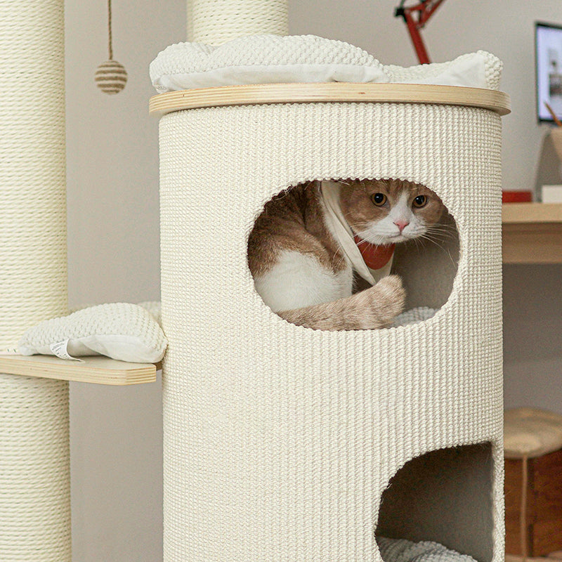Contemporary Scandinavian Round Plywood Medium-Density Fiberboard Corduroy Paper Rope Cat Tree 2/3-Condo 2/3-Perch For Bedroom Cuvalon