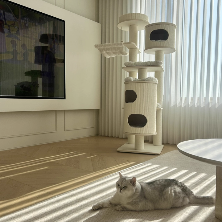 Contemporary Scandinavian Round Plywood Medium-Density Fiberboard Corduroy Paper Rope Cat Tree 2/3-Condo 2/3-Perch For Bedroom Cuvalon