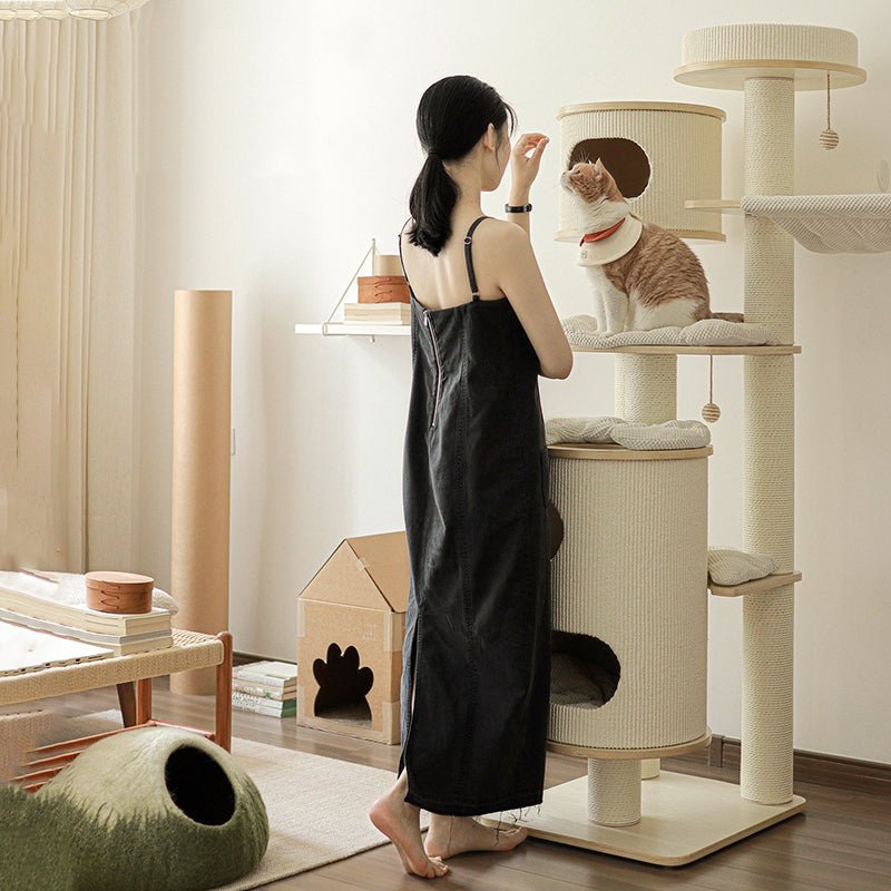 Contemporary Scandinavian Round Plywood Medium-Density Fiberboard Corduroy Paper Rope Cat Tree 2/3-Condo 2/3-Perch For Bedroom Cuvalon