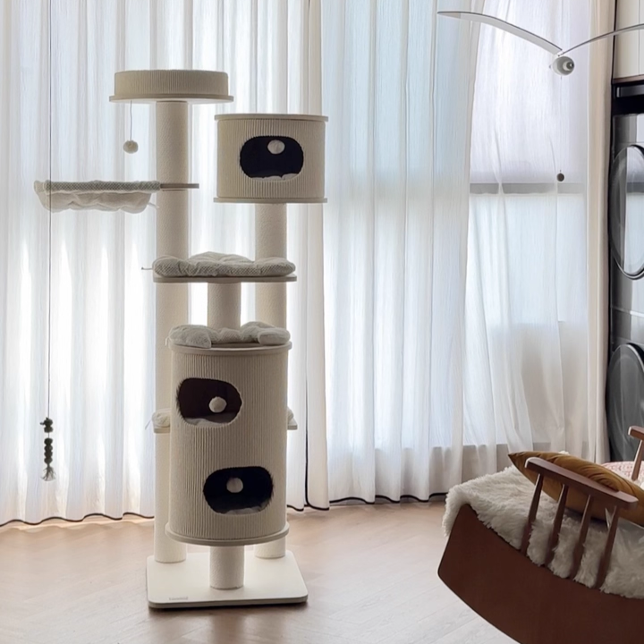 Contemporary Scandinavian Round Plywood Medium-Density Fiberboard Corduroy Paper Rope Cat Tree 2/3-Condo 2/3-Perch For Bedroom Cuvalon