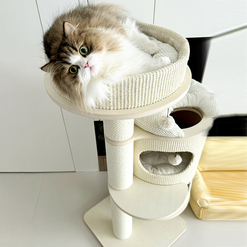 Contemporary Scandinavian Round Plywood Medium-Density Fiberboard Corduroy Paper Rope Cat Tree 2/3-Condo 2/3-Perch For Bedroom Cuvalon