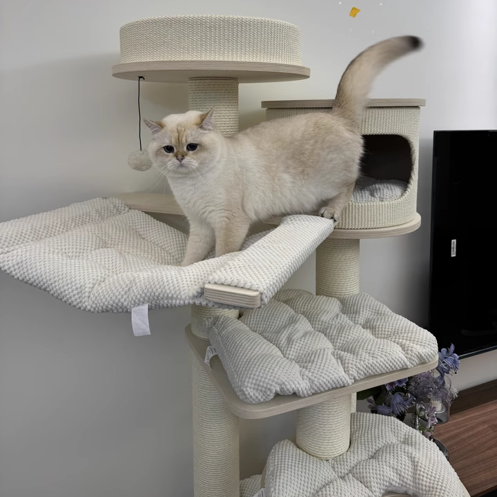 Contemporary Scandinavian Round Plywood Medium-Density Fiberboard Corduroy Paper Rope Cat Tree 2/3-Condo 2/3-Perch For Bedroom Cuvalon