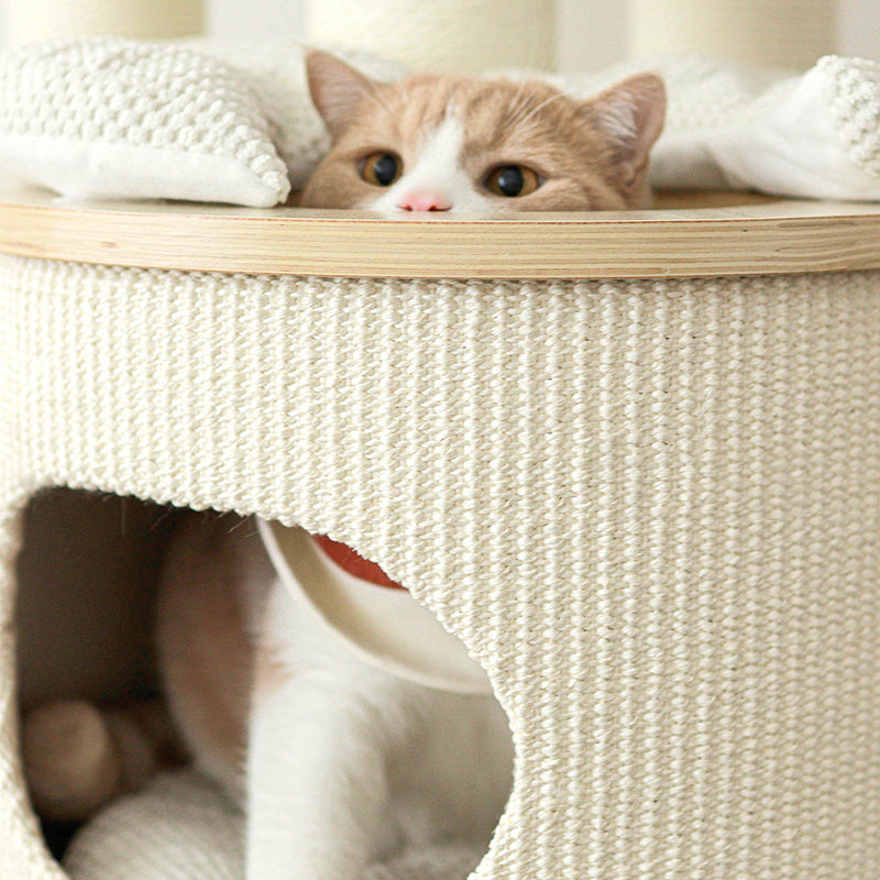 Contemporary Scandinavian Round Plywood Medium-Density Fiberboard Corduroy Paper Rope Cat Tree 2/3-Condo 2/3-Perch For Bedroom Cuvalon