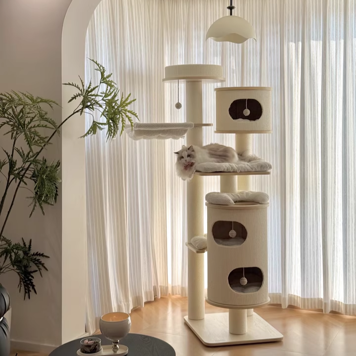 Contemporary Scandinavian Round Plywood Medium-Density Fiberboard Corduroy Paper Rope Cat Tree 2/3-Condo 2/3-Perch For Bedroom Cuvalon