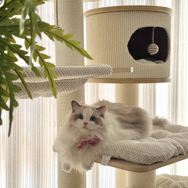 Contemporary Scandinavian Round Plywood Medium-Density Fiberboard Corduroy Paper Rope Cat Tree 2/3-Condo 2/3-Perch For Bedroom Cuvalon