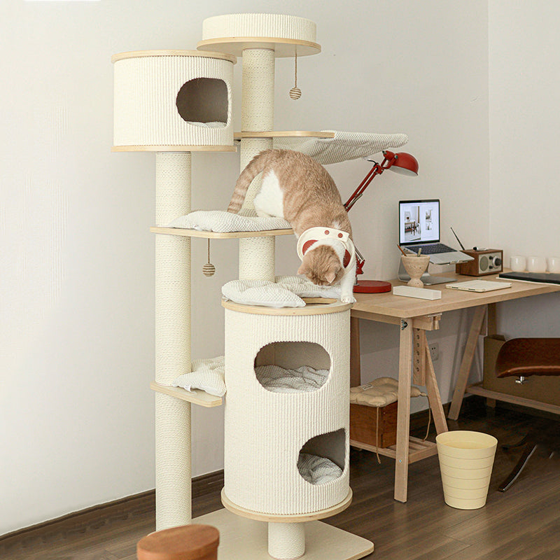 Contemporary Scandinavian Round Plywood Medium-Density Fiberboard Corduroy Paper Rope Cat Tree 2/3-Condo 2/3-Perch For Bedroom Cuvalon