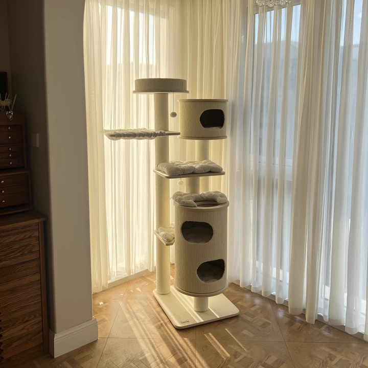 Contemporary Scandinavian Round Plywood Medium-Density Fiberboard Corduroy Paper Rope Cat Tree 2/3-Condo 2/3-Perch For Bedroom Cuvalon