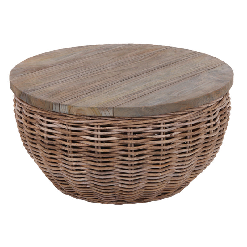 Traditional Vintage Round Rattan Coffee Table - Solid Wood: Hand-Woven, Rustic Charm, Durable Craftsmanship & Timeless Aesthetic For Living Room & Veranda Cuvalon