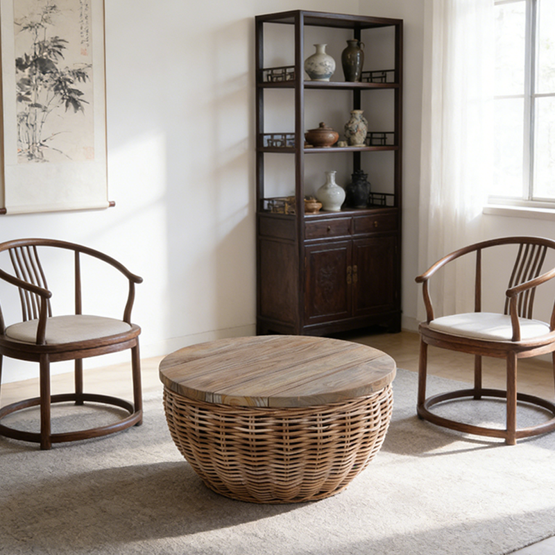 Traditional Vintage Round Rattan Coffee Table - Solid Wood: Hand-Woven, Rustic Charm, Durable Craftsmanship & Timeless Aesthetic For Living Room & Veranda Cuvalon